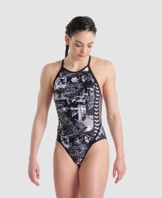 Women's Arena Icons Swimsuit Fast Collage Print